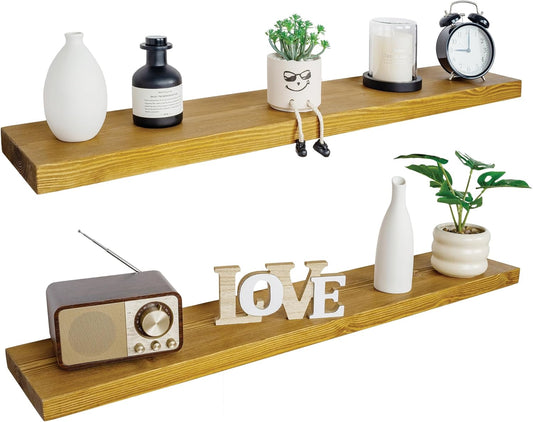 BGMG Wood Floating Shelves 48 inch Set of 2, Rustic Wooden Wall Mount Shelves for Living Room Bedroom Kitchen Farmhouse-48x6.7x1.25 inch- Gold Oak