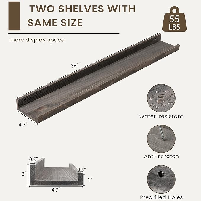 Floating Shelves for Wall, Picture Ledge Shelf 36 Inch Solid Wood Set of 2, Rustic Wall Shelves with Lip, Kids Bookshelf, Photo & Picture Live Edge Floating Shelves for Bedroom, Living Room, Kitchen