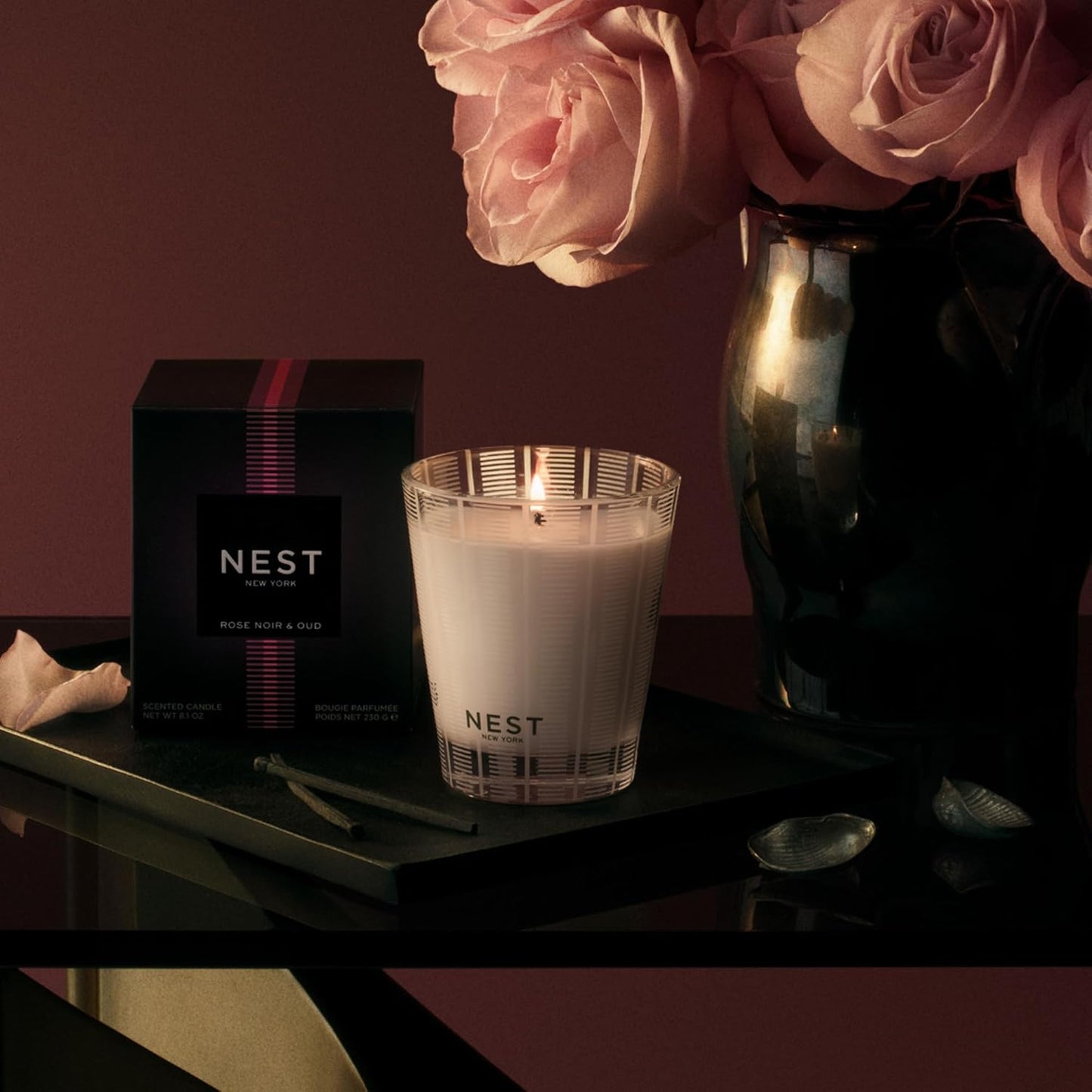 NEST New York Scented Classic Candle, Rose Noir & Oud - 8.1 oz - Up to 60-Hour Burn Time - Reusable Glass Vessel