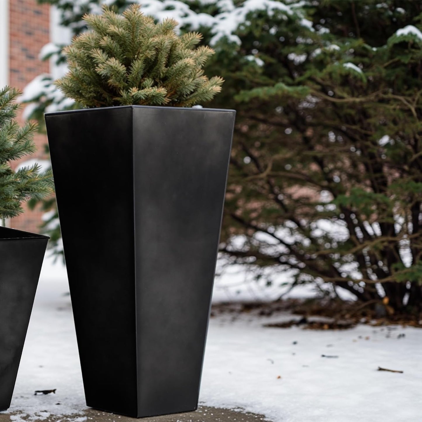 WORTH Garden 25" Large Metal Glazed Planter Set of 2, Luxurious Glossy Finish Black Tall Square Tapered Steel Plant Pots, Decor Flower Pot Indoor & Outdoor, Drainage Hole & Dual-Purpose Plant Saucer