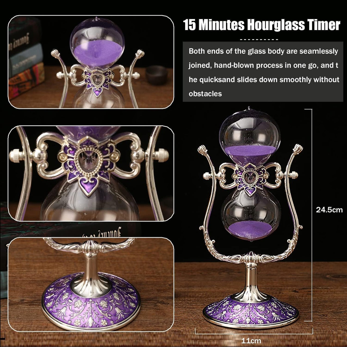 Sanduhr 15 Minuten,Metal Vintage Hourglass,Hour Glass,Hourglass Decor,for Home Decoration Office Desk Wedding Party Decor Kitchen Timer (Violetter Sand)
