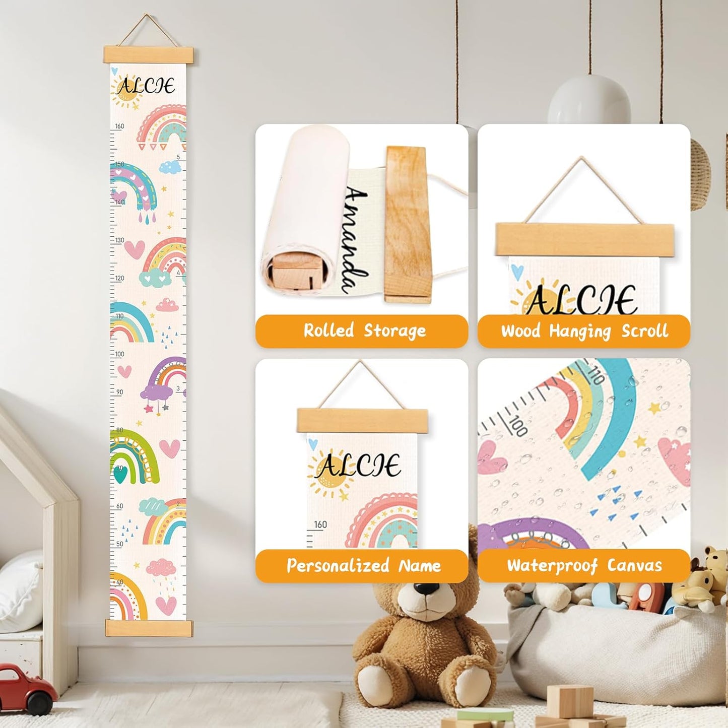 Personalized Name Growth Chart Wall Decor for Kids – Canvas Removable Height Chart Measuring Ruler 59" x 7.9" (Rainbows)