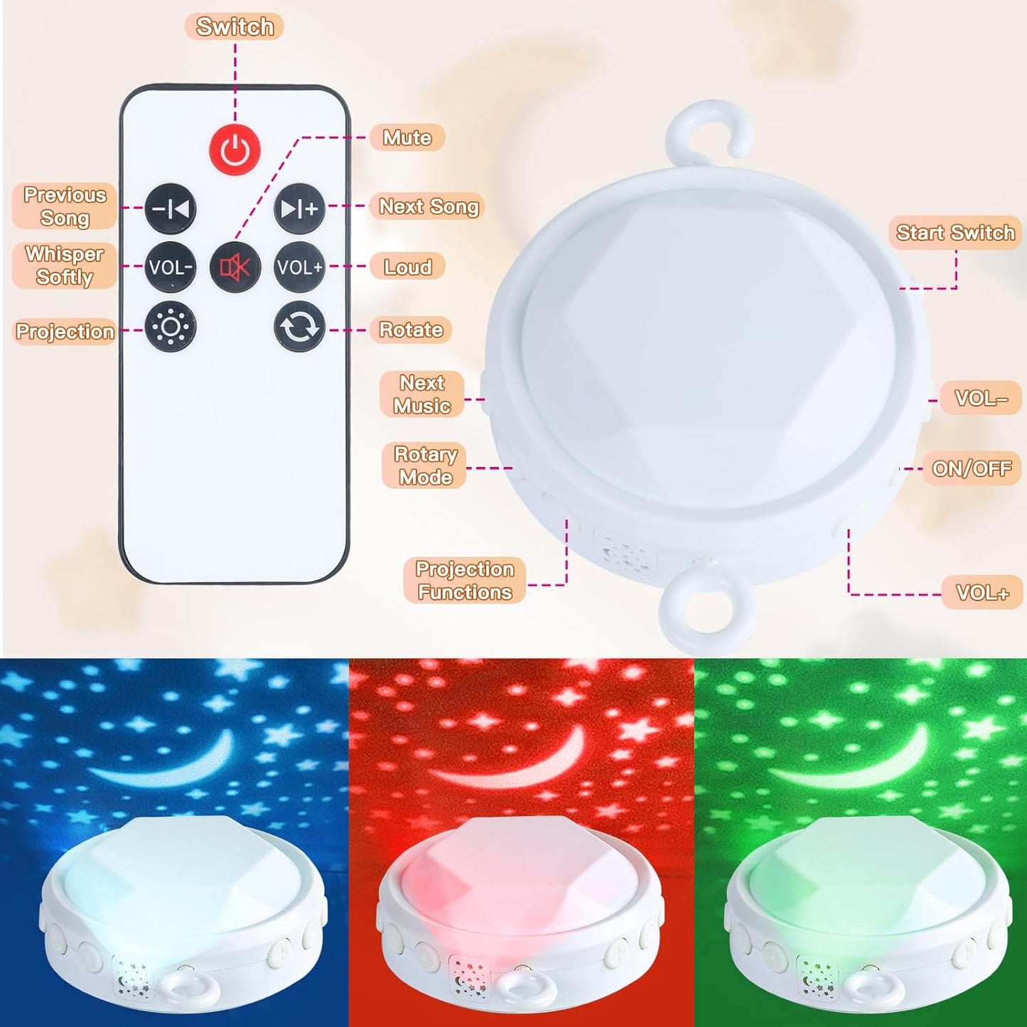 VZO Baby Crib Mobile with Music and Lights, Mobile for Crib with Remote Control, Rotation, Starlight Projection, Crib Toys for Babies Boys Girls Gray