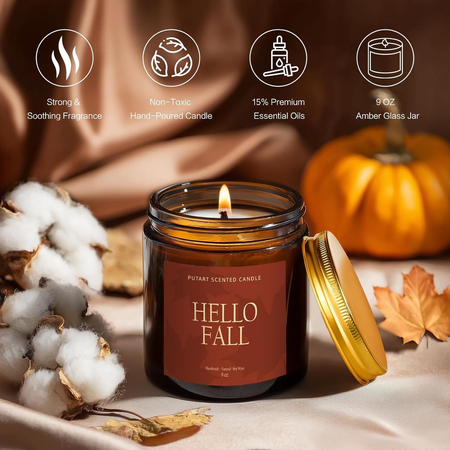 Pumpkin Spice Fall Candles for Home Scented, Natural Soy Wax Aromatherapy Non Toxic Pumpkin Candle with Long Lasting Burn, Halloween Autumn Candle Gifts for House Fragrance Decoration (9oz)
