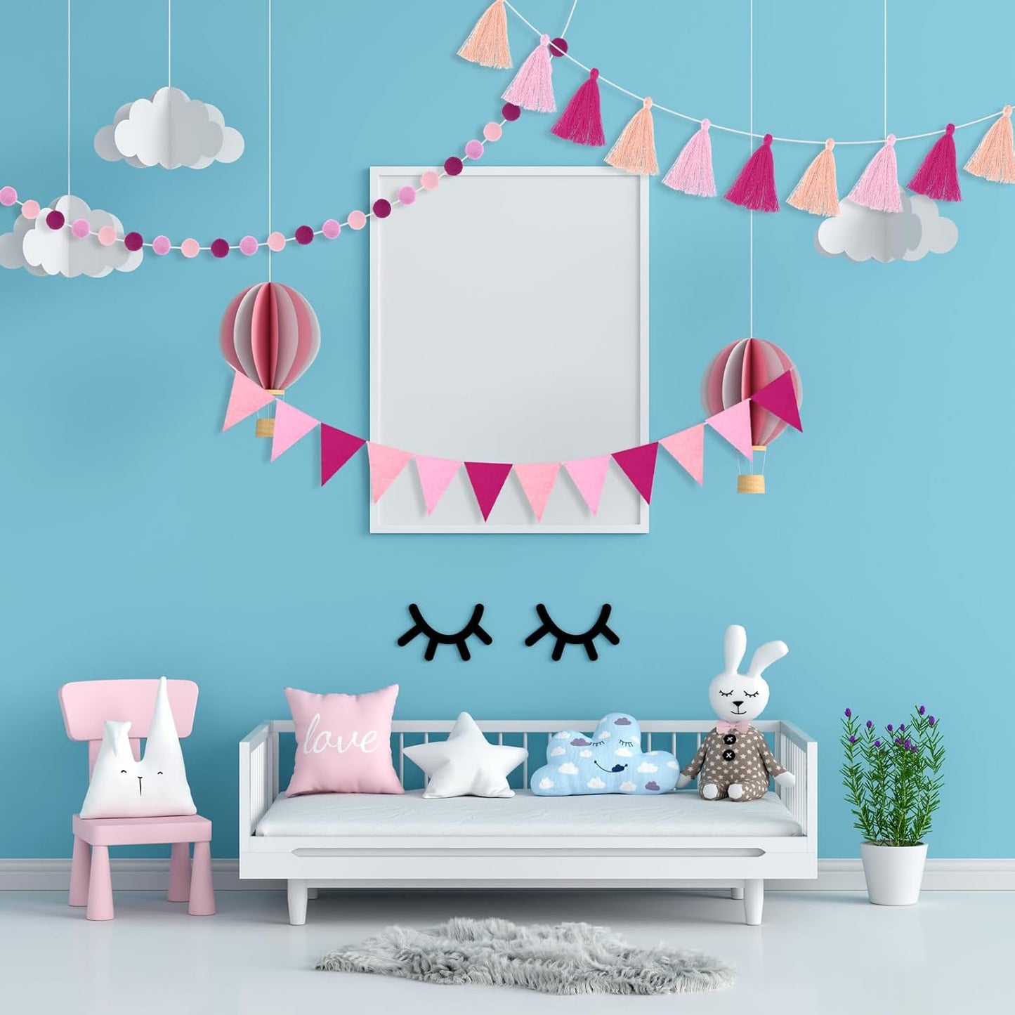 Irenare 9.8 ft Pom Pom Garland Felt Colorful Tassel Banner Christmas Party Pompoms Garland Decorations Felt Pennant Banner for Classroom Home Mantel Fireplace Birthday(Pink)