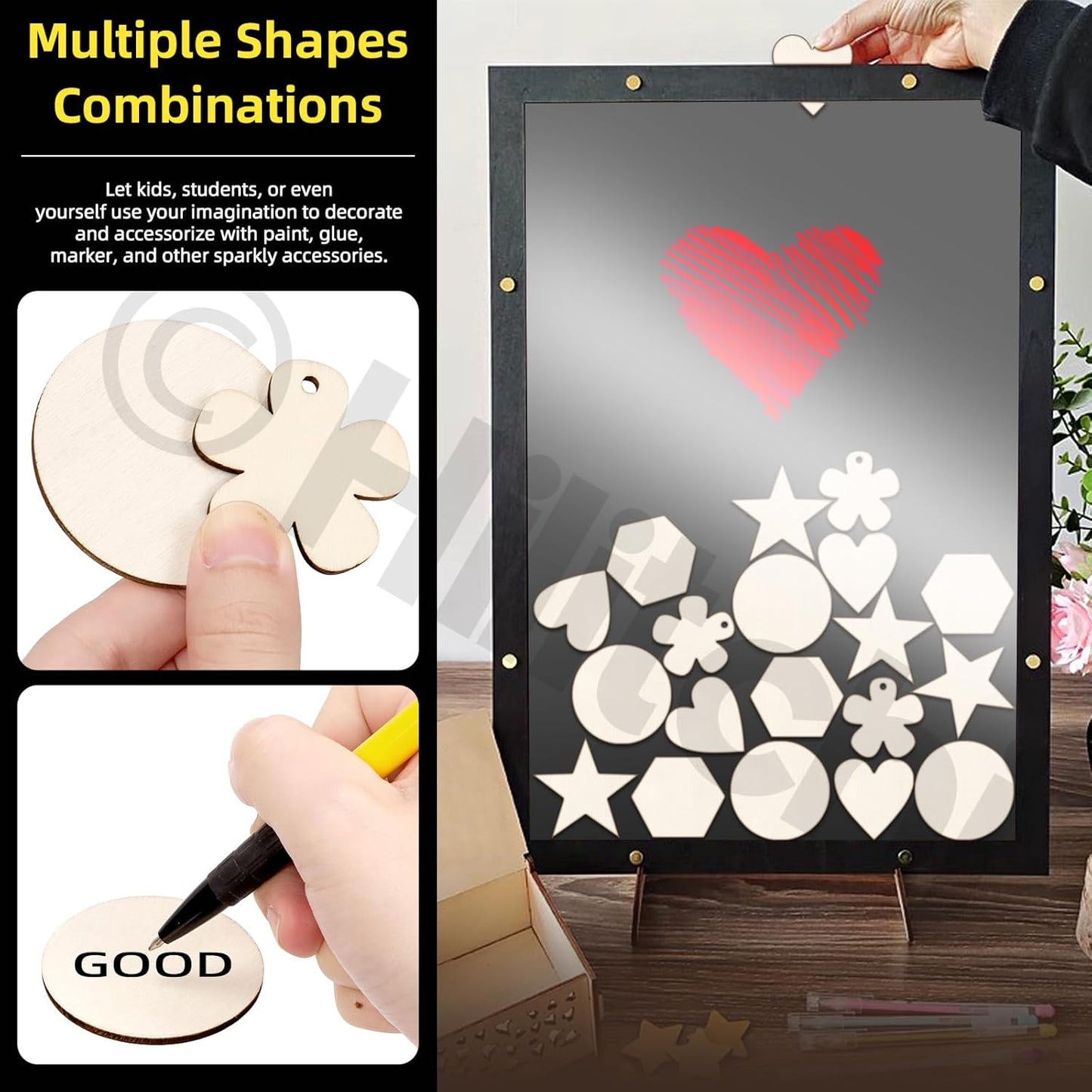 Hilitchi 200Pcs Multi Shape Unfinished Wooden Crafts DIY Wooden Cutouts Star Flower Circle Hexagon Heart Shapes Unfinished Wood Slices Ornament for DIY Crafts Home Decorations