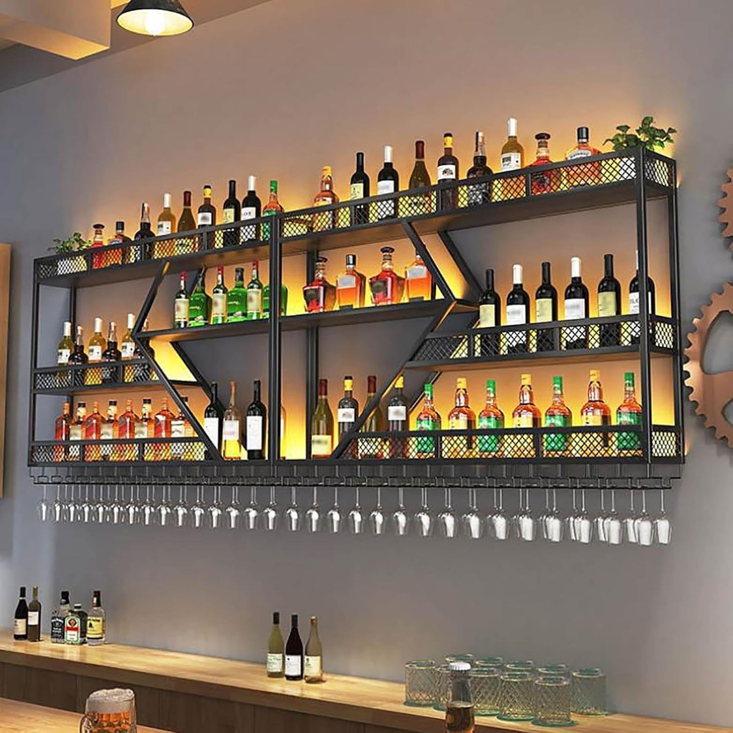 Wall Mounted Wine Rack with Glass Holder, 3-Tier Metal Storage Shelf, Black Diamond Design, Wine Bottle Display with Stemware Storage (Black, 47.24in/Left)