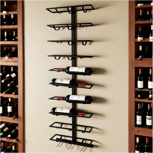 10 Bottle Wall Mount Wine Rack with Wine Glass Holder, Metal Wine Wall Rack, Wall Racks for Wine Bottles Display and Storage, Hanging Bottle Organizer for Living Dining Room Wine Cellar Bar (Black)