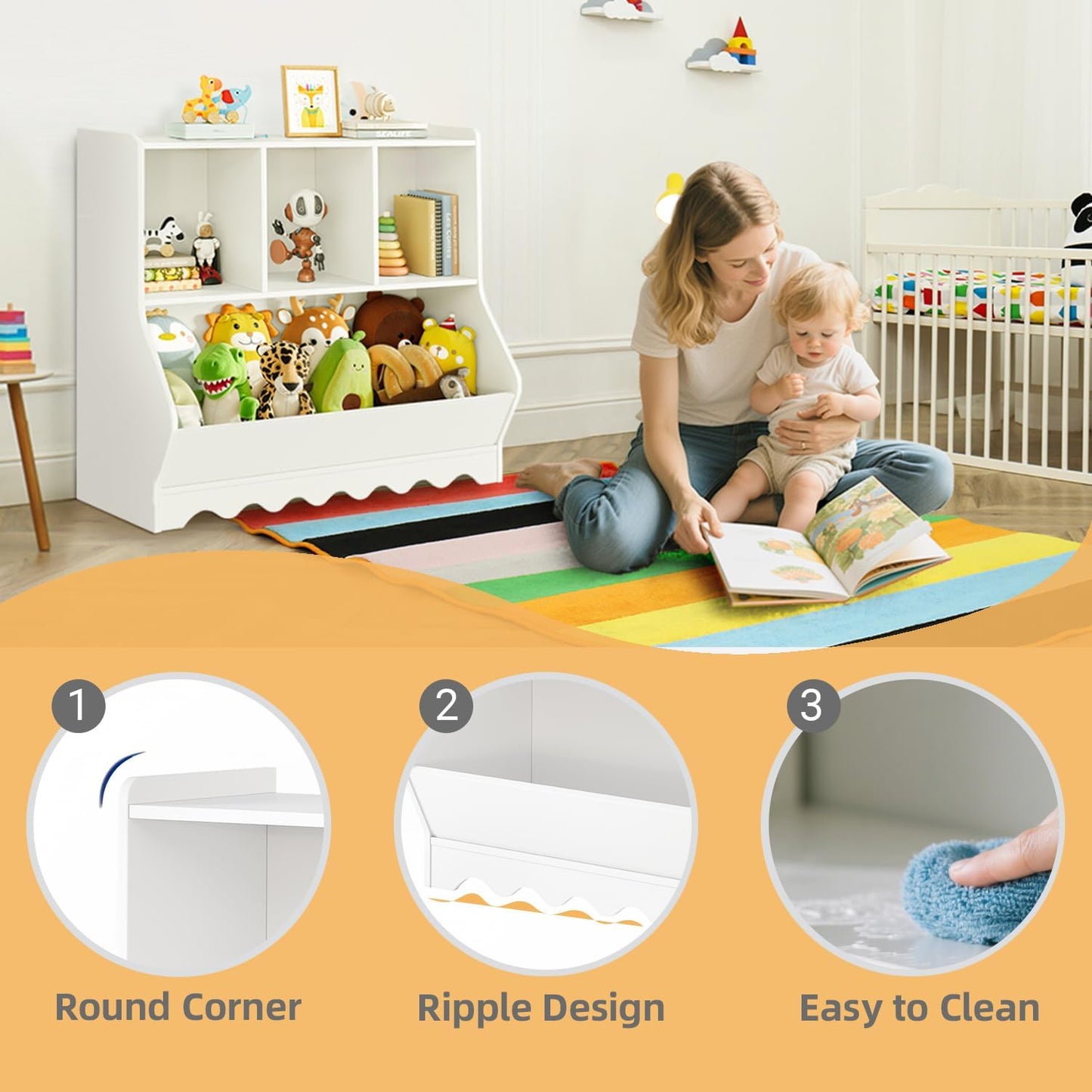 Wood Kid Storage Cubby, Toy Storage Organizer with Bookshelf, 32"L x 15"D x 31"H Montessori Toy Shelf, Nursery Book Shelves, Wooden 4-Cubby Children Book Shelf for Playroom Classroom, White