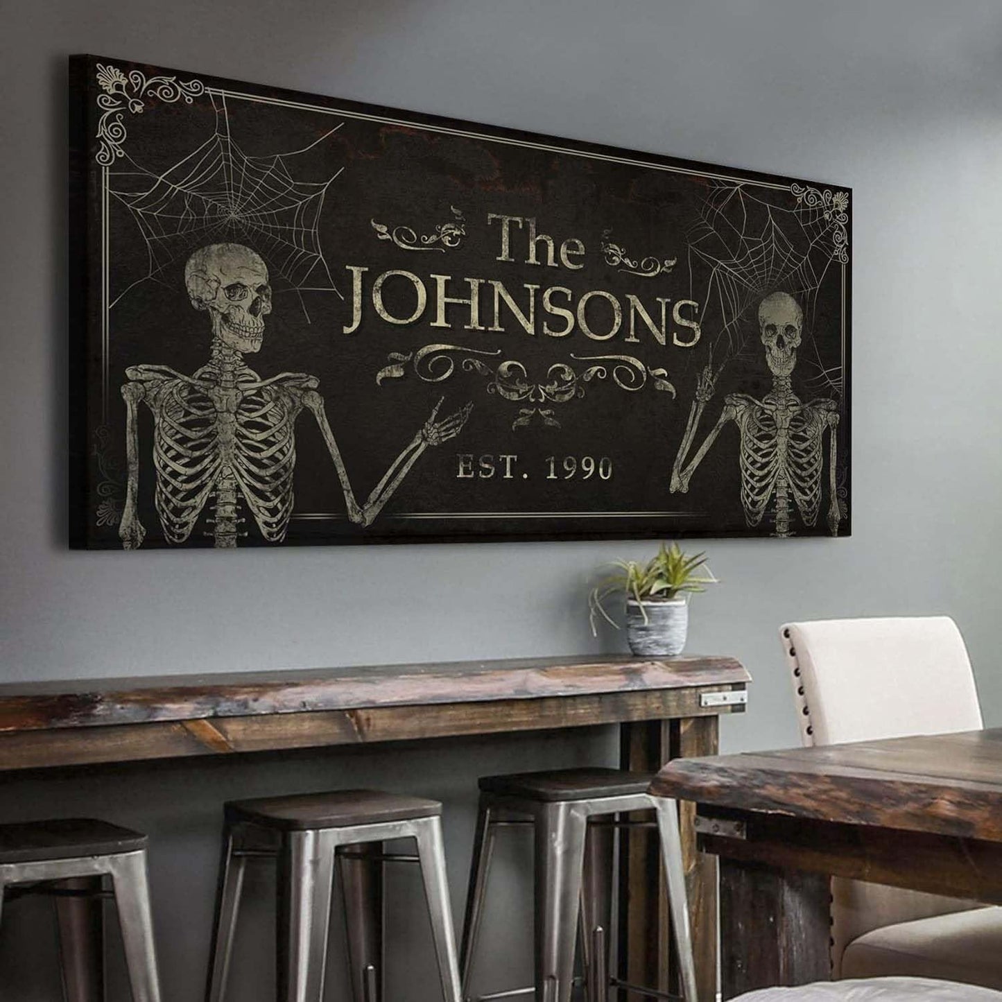Tailored Canvases Gothic Family Wall Decor - Personalized Grunge Vintage Skeleton Room Decor for Home, Halloween Lovers, Men & Women for Bedroom, Living Room - Goth Spooky, Custom Couple Name, 20"x10"