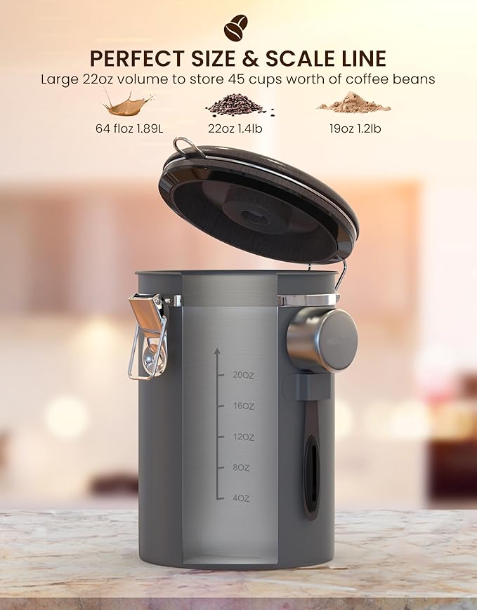 HAIOOU Airtight Coffee Canister Wood Grain [New Version], 22OZ Large Stainless Steel Coffee Bean Storage Container with Date Tracker, Measuring Scoop, CO2 Releasing Valves - Walnut and Gray