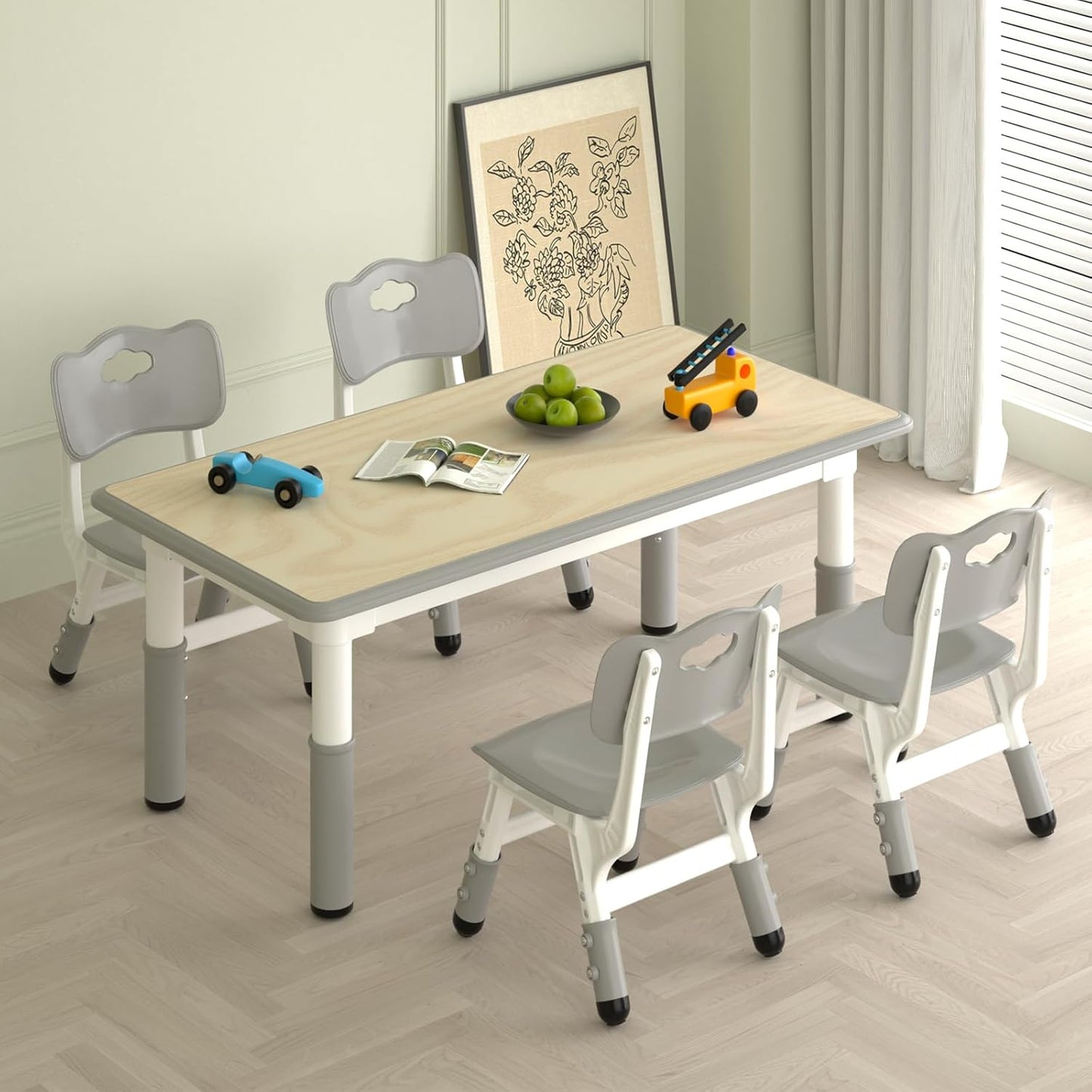 Kids Study Table and 4 Chairs Set,Height Adjustable Table and Chairs for Children and Toddlers,47.2"X23.6"Graffiti Desktop,Suitable for Daycare,Classrooms, Home