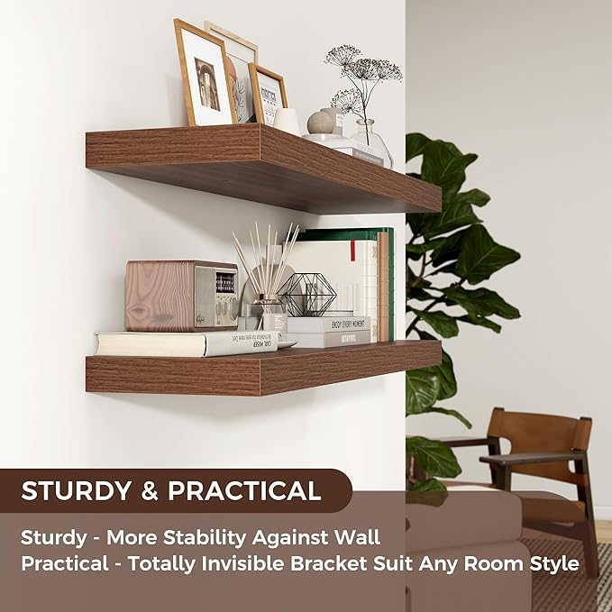 Floating Shelves - 2 Large Wall Mounted Shelves with Invisible Brackets, Long Walnut Wood Floating Wall Shelf for Living Room, Bedroom, Kitchen (48" W x 9" D x 1.5" H)
