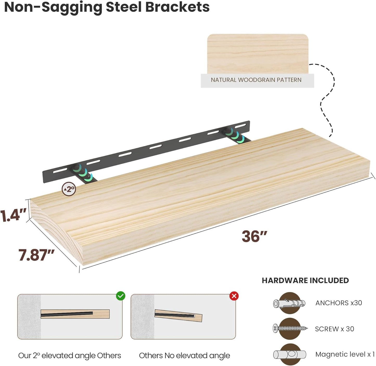Light Wood Floating Shelves 36”x 8”x 1.4” Book Shelf Floating for Wall Mounted, Heavy Duty Shelf Hold 80 lbs, Unfinished Rustic Wall Shelves for Bedroom, Living Room, Kitchen, Office, Laundry Room