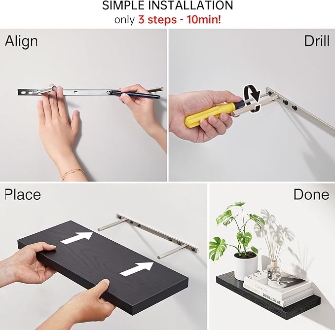 BAYKA Floating Shelves for Wall, Wall Mounted Rustic Wood Shelves for Bathroom, Bedroom, Living Room, Kitchen, Hanging Shelf for Books/Storage/Room Decor with 22lbs Capacity (Black, Set of 3, 15.7in)