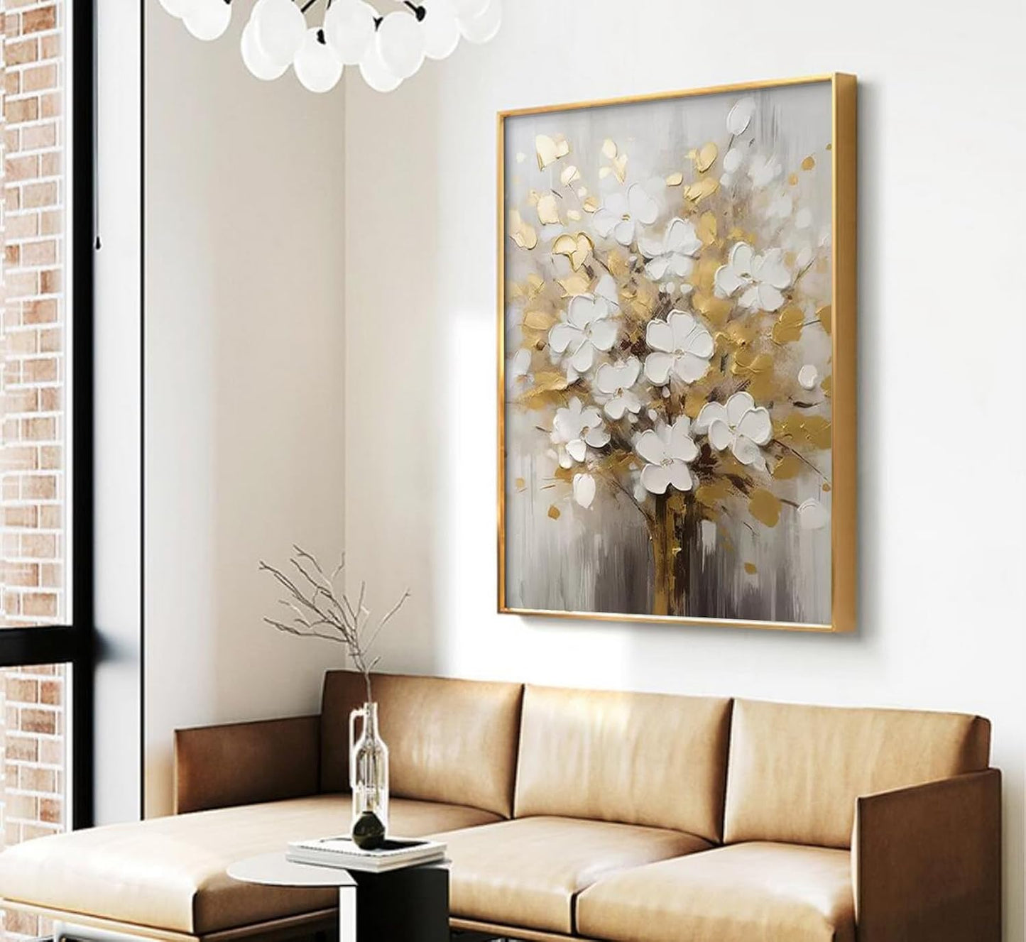 Hand-Painted White and Gold Flowers Painting On Canvas for Living Room,Large 3D Floral Wall Art for Office,Framed Golden Leaf Textured Artwork for Bedroom Girl's Room Wall Decor 30x48inch