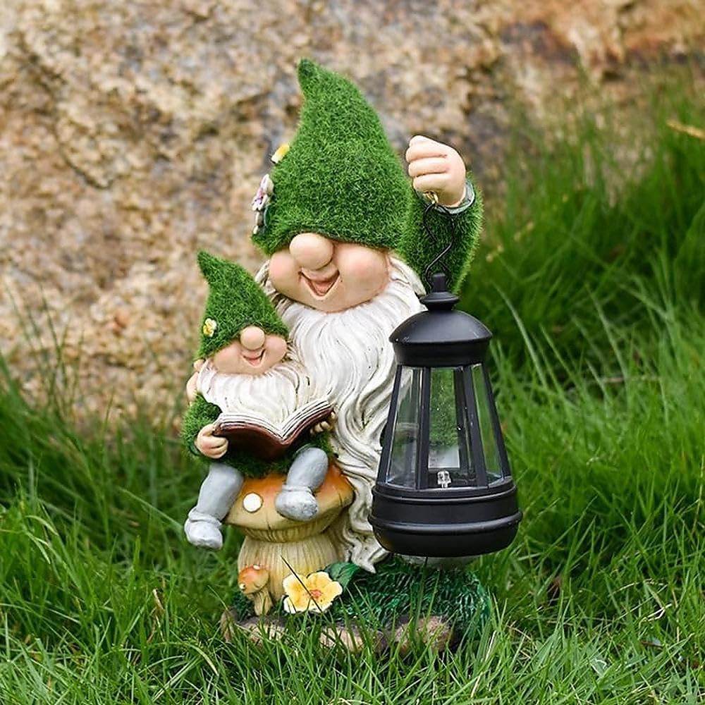 Solar Garden Gnome Statue Flocked Reading Parent & Child Gnomes with LED Light, Outdoor Waterproof Lawn Ornament Decor for Patio Lawn Yard Pathway Gift Idea for Women Mom Mothers Day