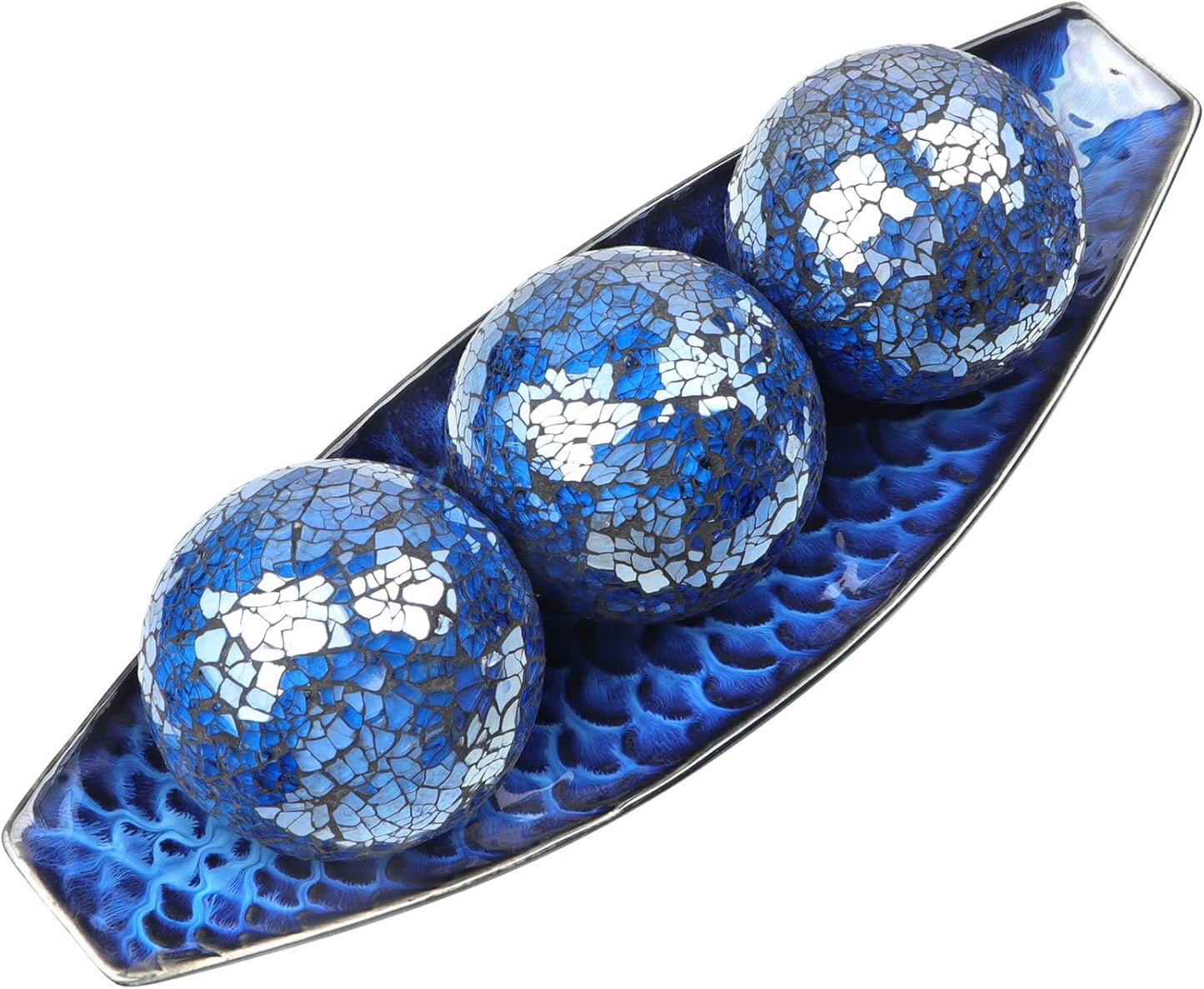 16" Large Ceramic Decorative Tray and 4" Glass Mosaic Balls Set of 4, Long Boat Shaped Centerpiece Bowl and Orbs Set for Home, Party Decor (Blue)