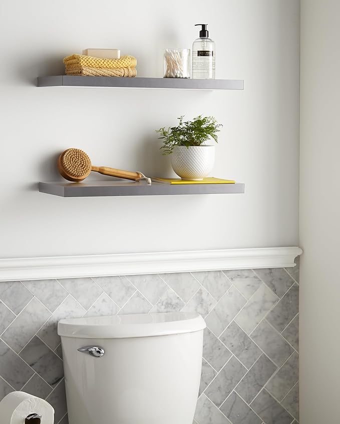 BAYKA Floating Shelves, 22.5" Wall Mounted Wood Shelves for Bathroom, Bedroom, Living Room, Kitchen, Hanging Shelf for Books/Storage/Decor (Grey,Set of 2)