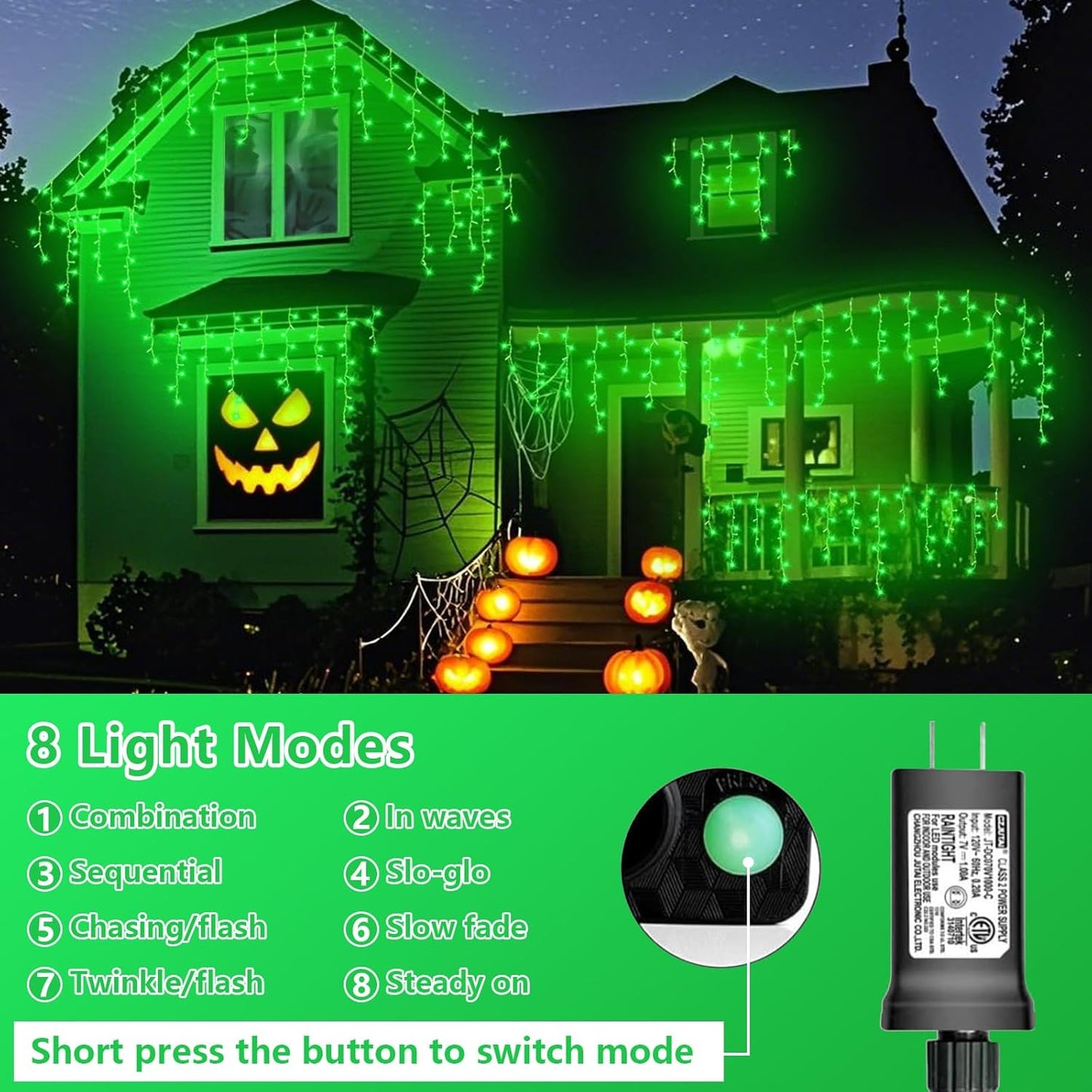 QITONG Green Icicle Lights for Outside, 66ft 800 LED Halloween Light Plug in with 8 Modes, Clear Wire Connectable Christmas Lights Indoor with 160 Drops