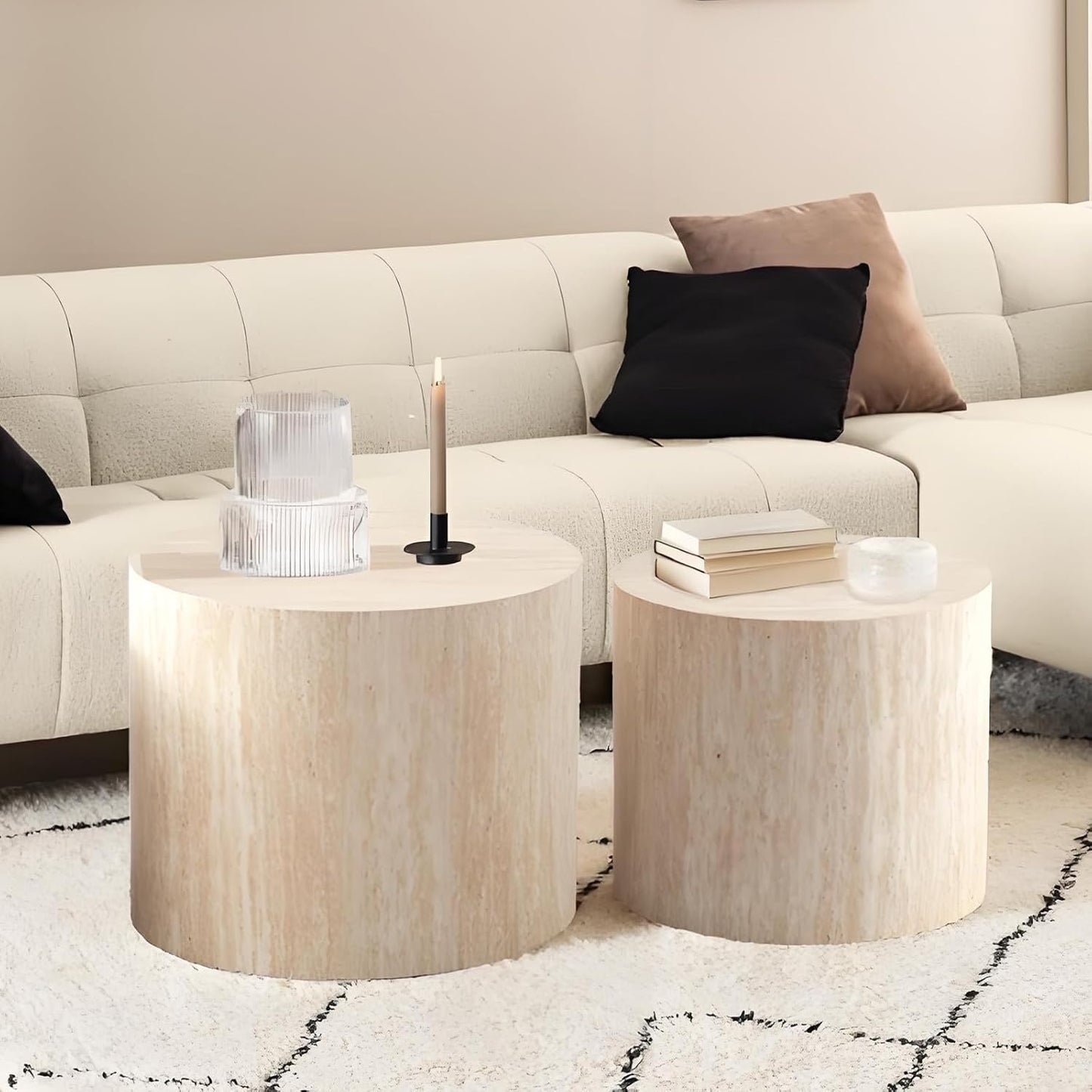 Round Nesting Coffee Table, Drum Wood Coffee Table Set of 2 Travertine-Color, Modern Nesting Tables Circle Center Table 2 Piece for Small Spaces Living Room Bedroom Balcony Office, No Assembling