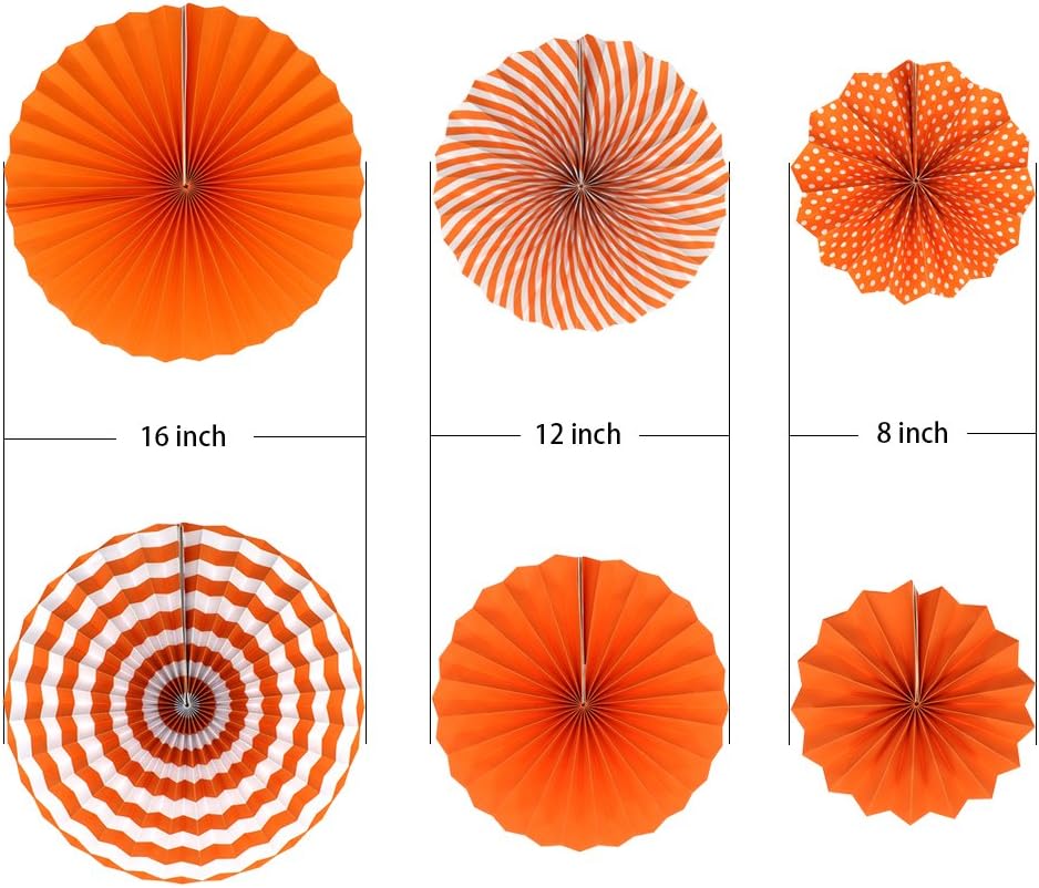 Party Hanging Paper Fans Set, Orange Round Pattern Paper Garlands Decoration for Birthday Wedding Graduation Events Accessories, Set of 6