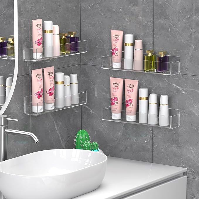 PMMASTO Adhesive Acrylic Spice Rack Organizer for Wall with 2 Nano Double Sided Tape, Spice Shelf Organization for Kitchen Cabinet Door/Pantry Door, Wall Mount Seasoning Rack (Clear-4 Pack)