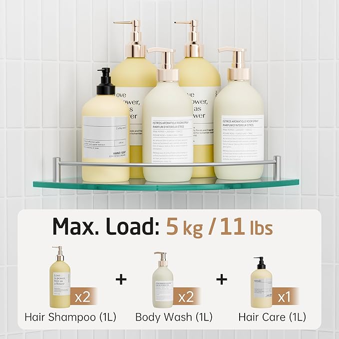 KES Glass Corner Shelf for Bathroom Corner Shelf 2 Pack Tempered Glass Shelf with Rail SUS 304 Stainless Steel Wall Mounted Brushed Finish, BGS2101A-2-P2