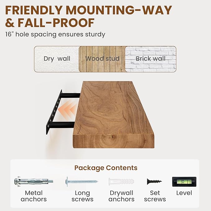 55" Floating Shelves for Wall, Rustic Elm Wood Floating Shelf for Home Decor, Wall-Mounted Display Shelves with Heavy-Duty Bracket, Long Floating Shelf for Bathroom, Kitchen, Natural Color