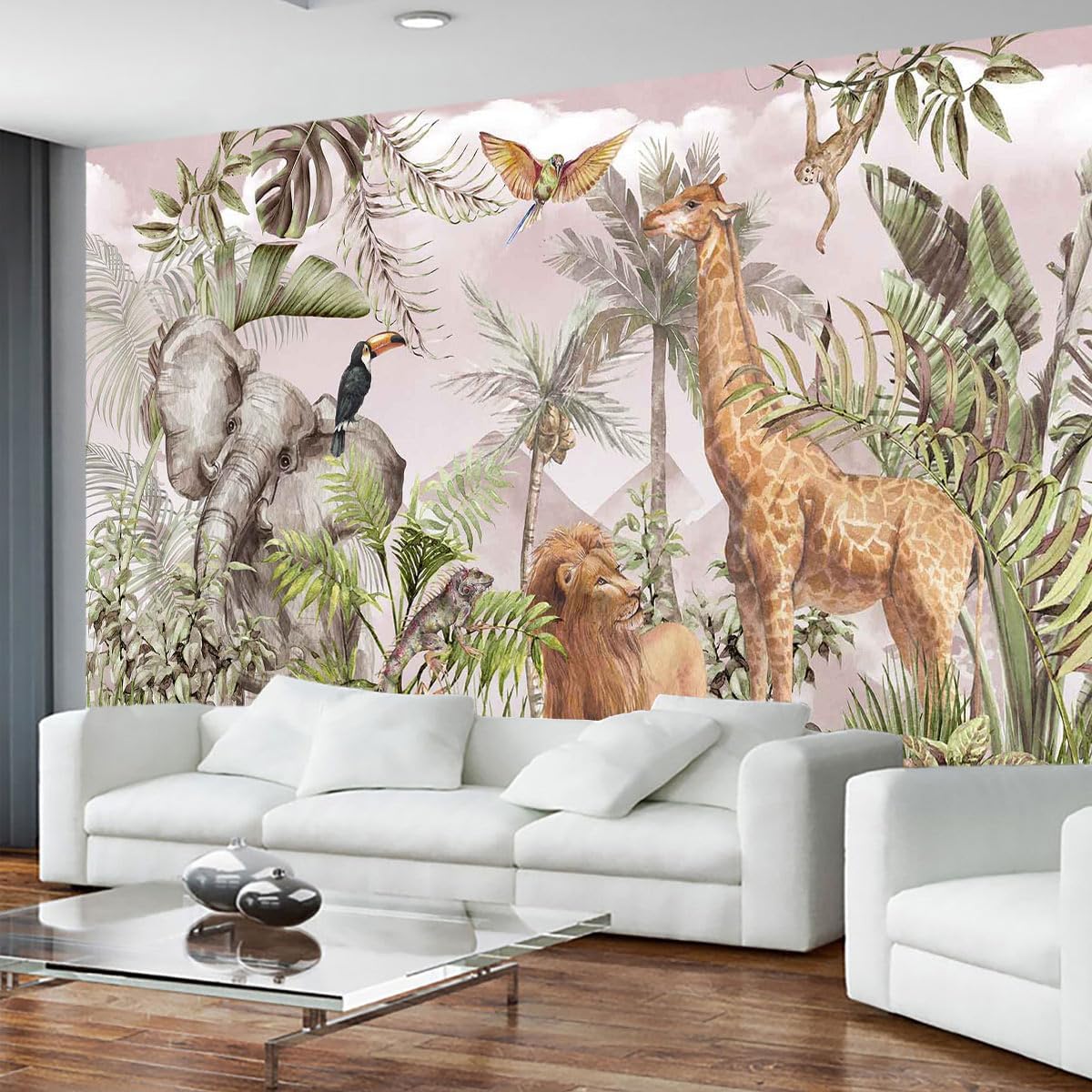 Watercolor Paintings Tropical Jungle Animals Safari Elephants Giraffes Lions Parrots Palm Leaves Hand-Painted Art Wallpaper Suitable for Children's Room Decoration Mural（Not Peel and Stick）