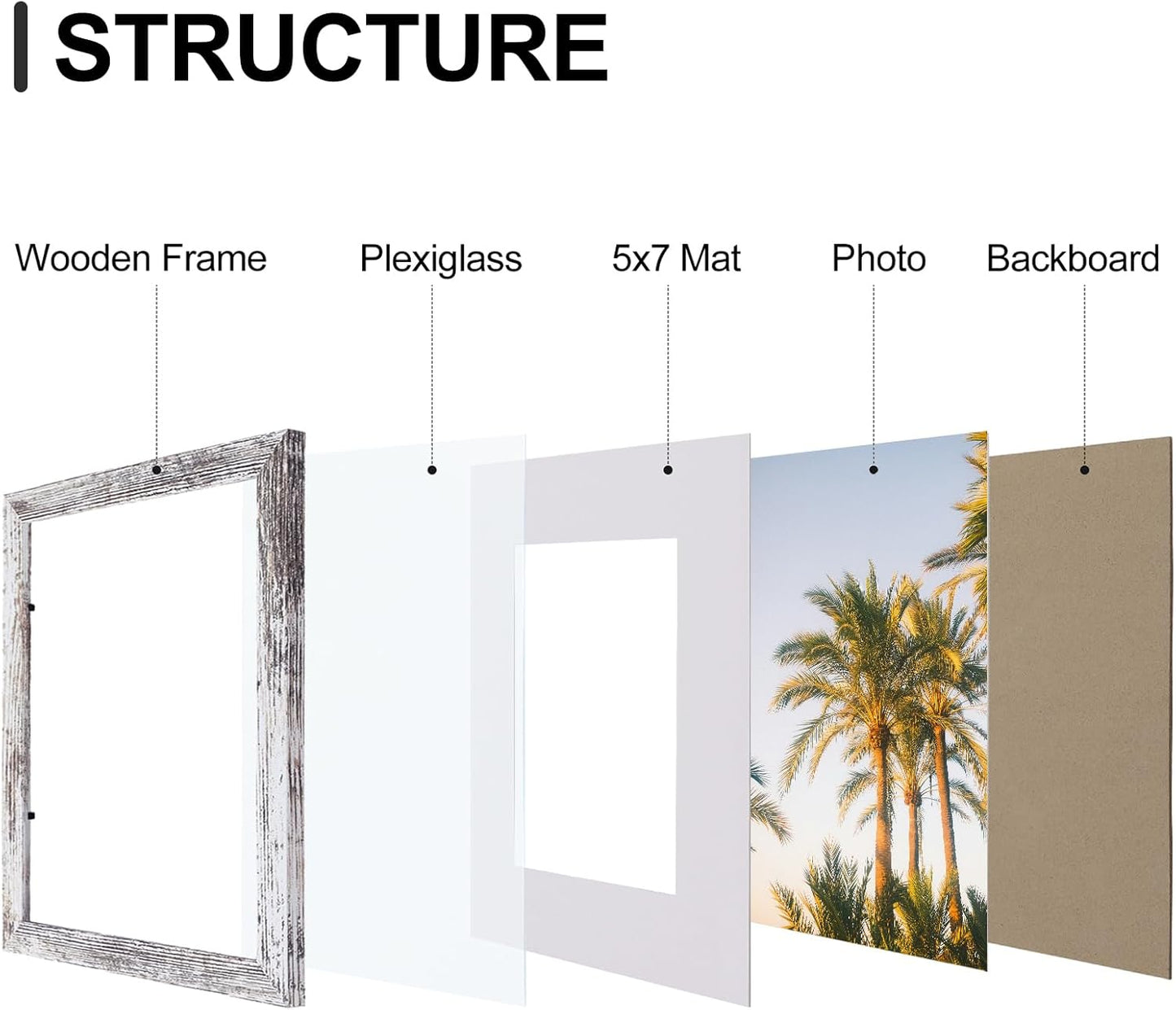 Vittanly 8x10 Picture Frames Set of 9, Shatter Resistant Plexiglass, Display 5x7 Pictures with Mat or 8x10 without Mat, Photo Frames for Wall or Tabletop, Engineered Wood, Distressed White