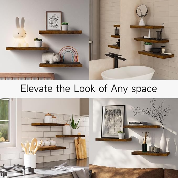 BAYKA Bathroom Floating Shelves for Wall – Bathroom Shelf Over Toilet Farmhouse Rustic Wood for Bedroom, Kitchen, or Living Room Decor – Rustic Brown, Set of 3, Sturdy Storage with 22lb Capacity