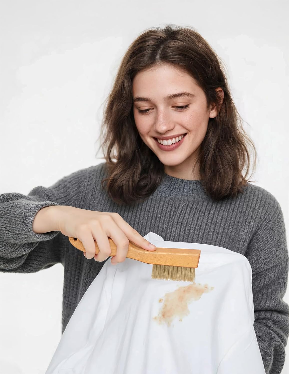 VASSON Natural Soft Boar Bristle Laundry Stain Brush, Laundry Scrub Brush,Laundry Brush for Stains on Clothes, Gentle Stain Remover for Knits, Cotton, and Linens