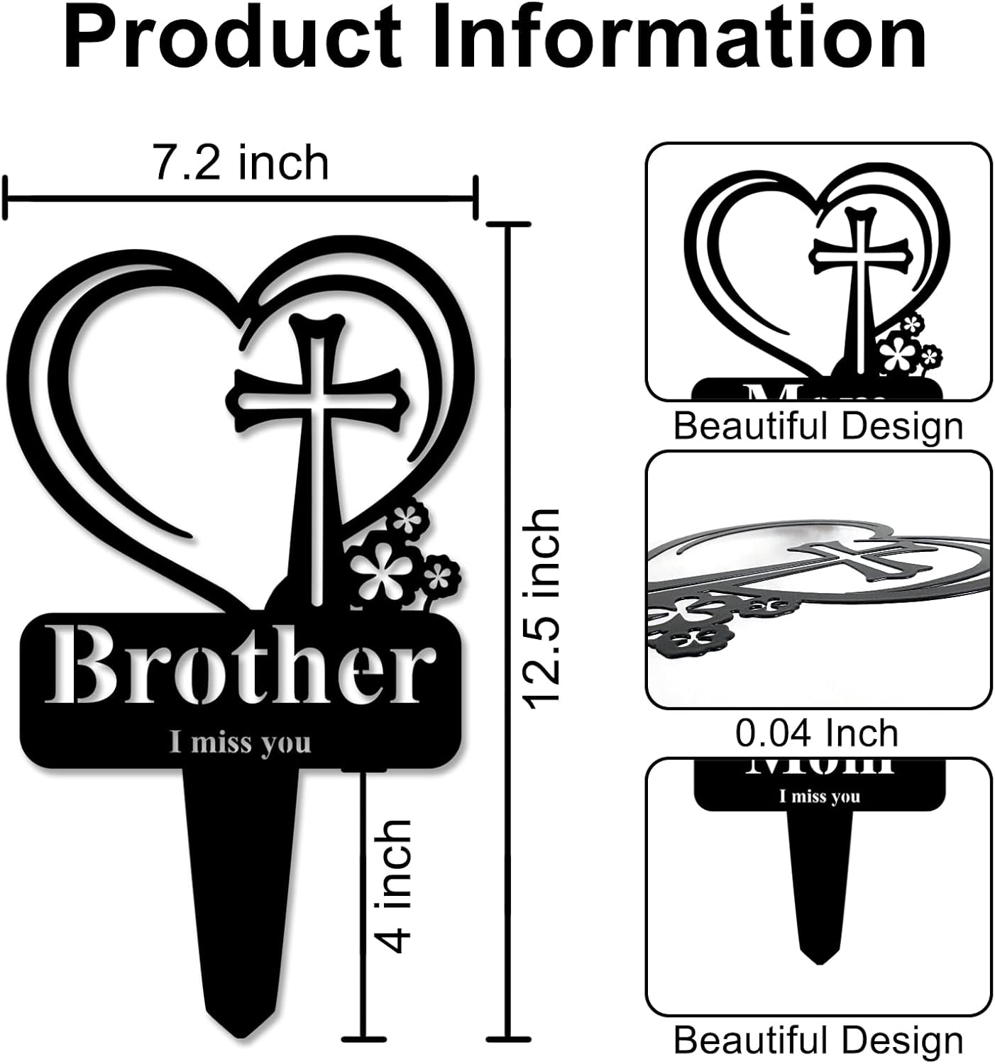 Brother Memorial Grave Stake, Cemetery Decorations for Grave Markers 12.5 x 7.2 inch Heart Metal Sympathy Stakes Graveside Plaque Decor Sign for Brother Graves, Yard, Garden - Black-Brother