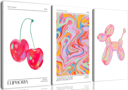 Framed Pink Preppy Wall Art Set of 3 Trendy Cute Balloon Dog Cherry Posters Abstract Aura Canvas Prints Modern Colorful Painting Retro Pop Art Decor Positive Picture for Living Room Bedroom 16x24in