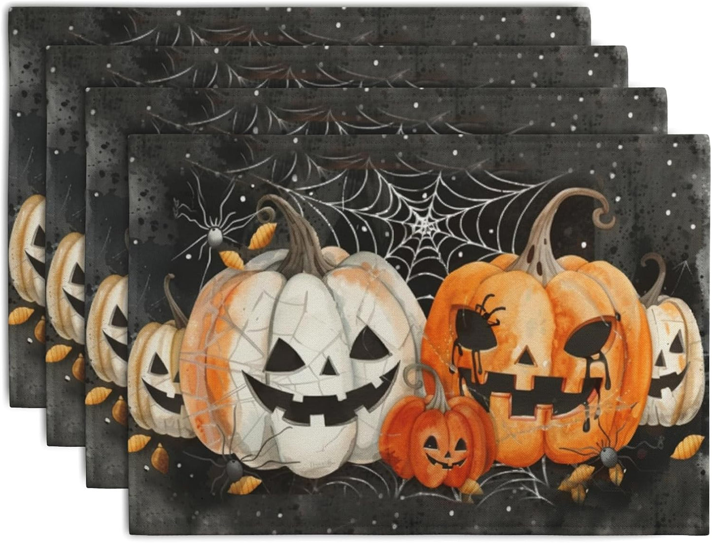 Halloween Pumpkins Spider Web Placemats Set of 4 Black Gray Scary Pumpkin Fall Linen Table Place Mat 12x18 Inch Seasonal Heat Resistant Table Mats for Party Kitchen Dining Decoration