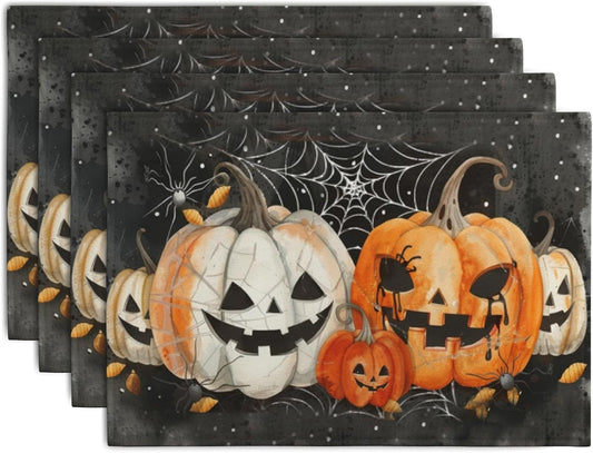 Halloween Pumpkins Spider Web Placemats Set of 4 Black Gray Scary Pumpkin Fall Linen Table Place Mat 12x18 Inch Seasonal Heat Resistant Table Mats for Party Kitchen Dining Decoration