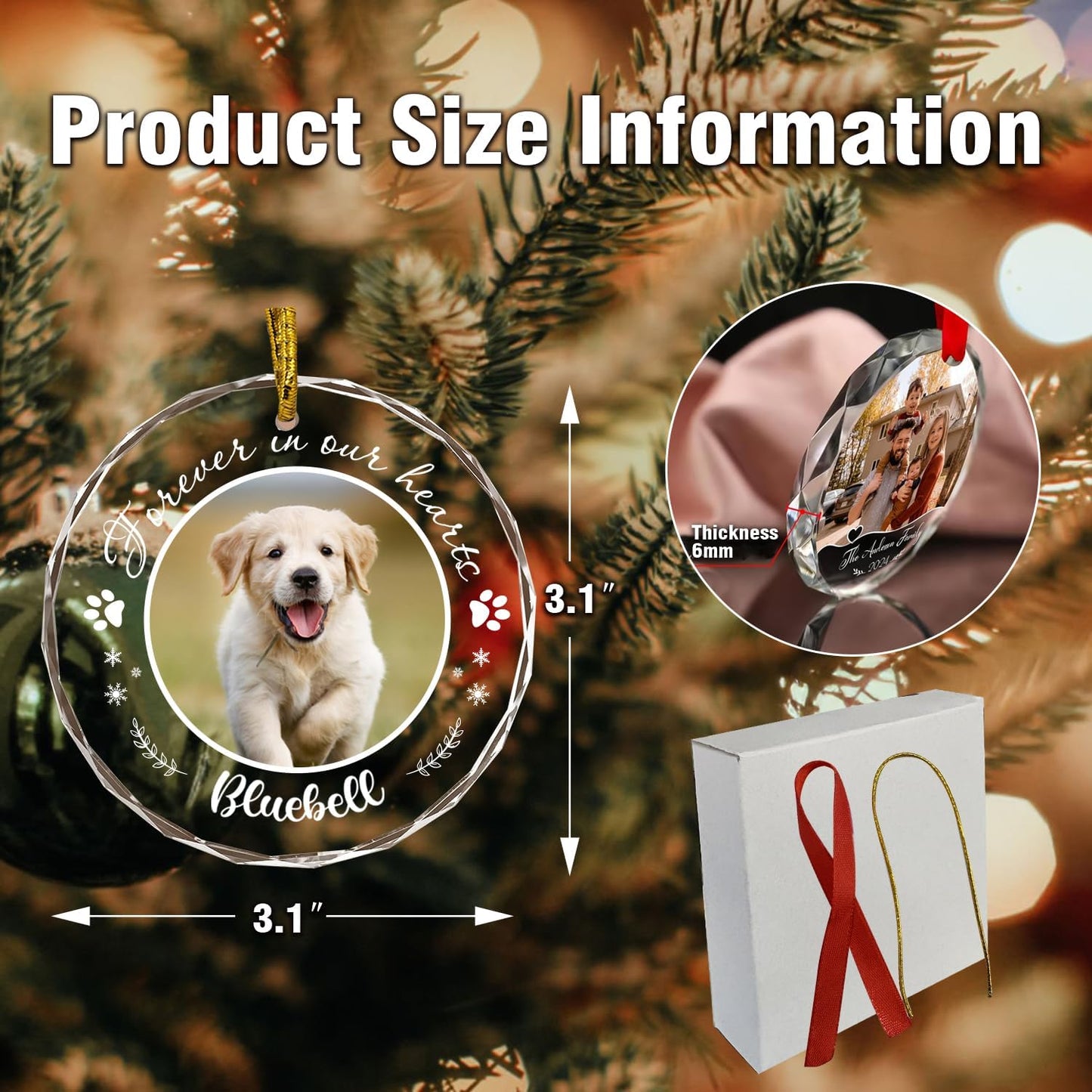 Personalized Pet Photo Ornaments, Dog Cat Custom Crystal Ornaments with Pictures for Pet Owner, Glass Hanging Ornaments Gifts for Children Puppy, Personalized Decorative Hanging Ornaments