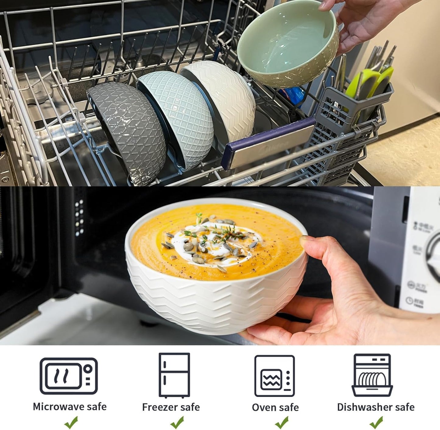 Hasense 26 OZ Soup Bowls, Ceramic Cereal bowls Set of 2 for Kitchen, Embossed Stoneware Porcelain Salad Bowls for Soup, Cereal, Oatmeal, Fruit, Microwave Dishwasher Safe, White And Gray