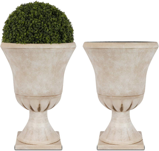 Worth Garden Plastic Urn Planters for Outdoor Plants, Tree 22'' Tall 2 Pack Round Classic Resin Flower Pots Indoor Beige Traditional Front Porch 15 in Dia. Large Imitation Stone Decorative Patio Deck