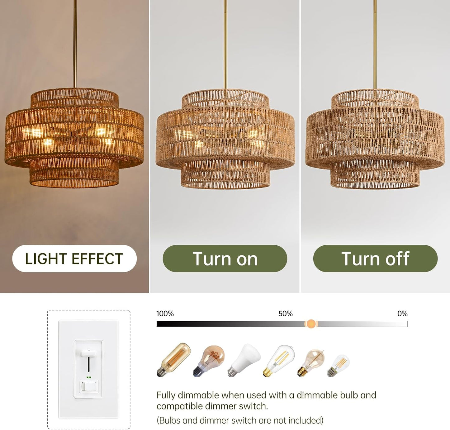 4-Light Boho Rattan Chandelier Light Fixture, 17.7” Hand Woven Rustic Chandeliers Farmhouse Chandelier Hanging Light for Dining Room Kitchen Island, Living Room, Foyer