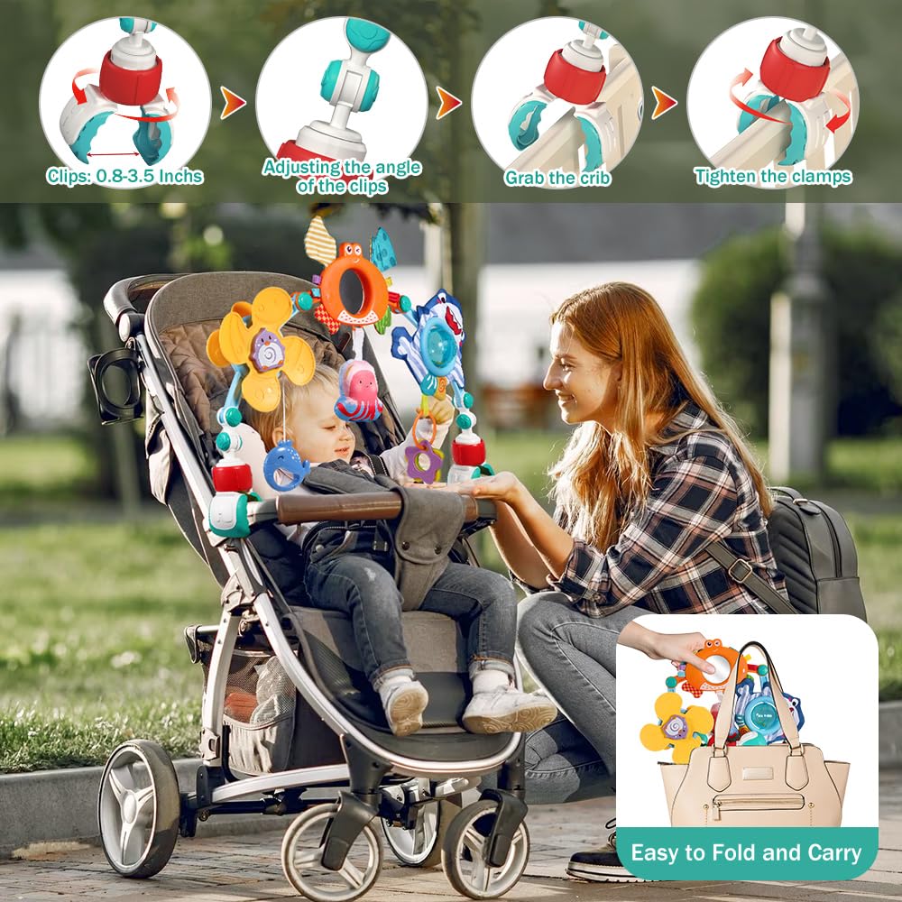 Baby Stroller Car Seat Toys,Adjustable Crib Mobile Activity Arch Toys with Sound Toy and Baby Hanging Toys,Sensory Play Travel Bouncer Bassinet Toy for Toddler Boy Girl 0 3 6 9 12 24 Month