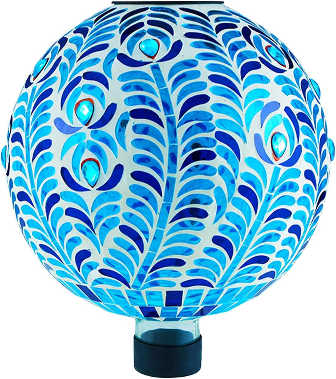 VOREEN Solar Gazing Ball, 10" Mosaic Glass Gazing Globe with Solar Light, Handmade Outdoor Yard Decor Sphere for Patio Lawn Garden, Gift for Mom Wife Friend, Peacock Feather Design (Blue)