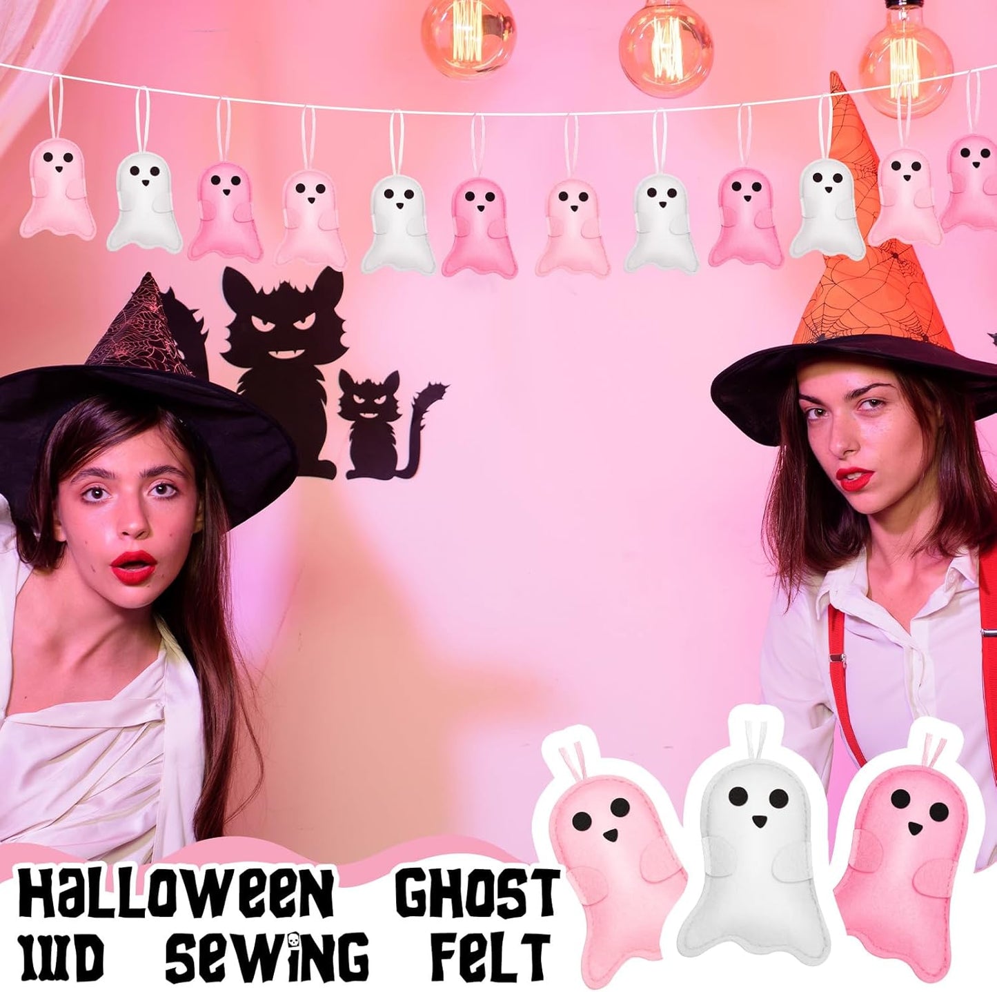 12 Pcs Pink Halloween Felt Ornaments Cute Ghost 3D Hanging Ornaments 3.15 Inch Pink White Halloween Tree Decorations for Small Tree Party Decor