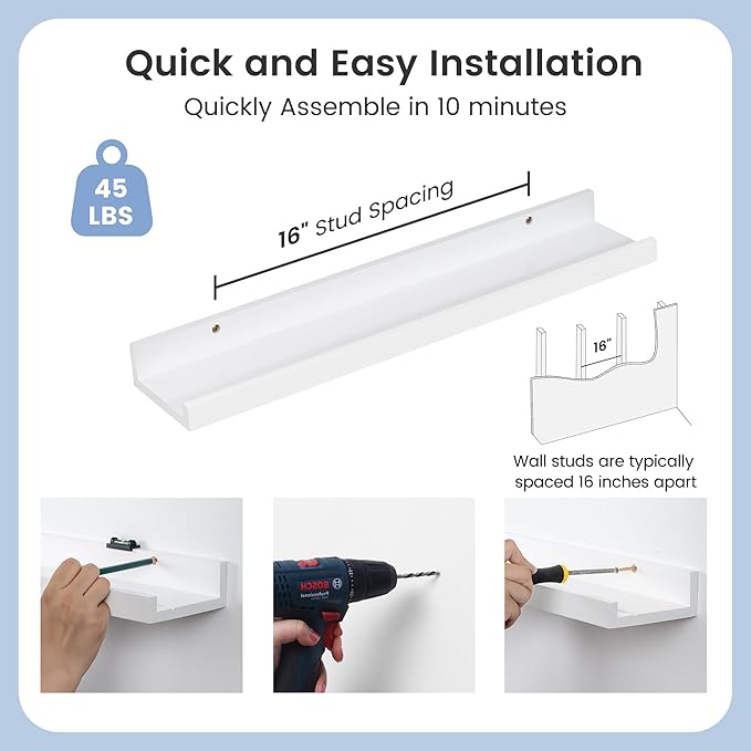 Picture Ledge Shelf for Wall, 24 inch Solid Pine Wood Nursery Book Shelves 2 Packs, Floating Ledge Shelves for Kids' Room Bedroom Bathroom Living Room Photo Frames Office Nursey Wall Decor, White