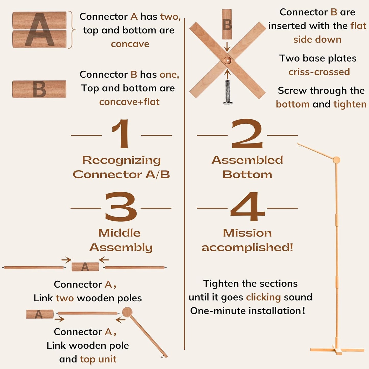 Crib Mobile Arm Wooden Floorstanding - 61 Inches Mobile Arm for Crib|Movable Baby Mobile Hanger|Strong Anti-Dumping Attachment|100% Natural EU Beech Wood|Thicker Wooden Pole|Boho Nursery Decor