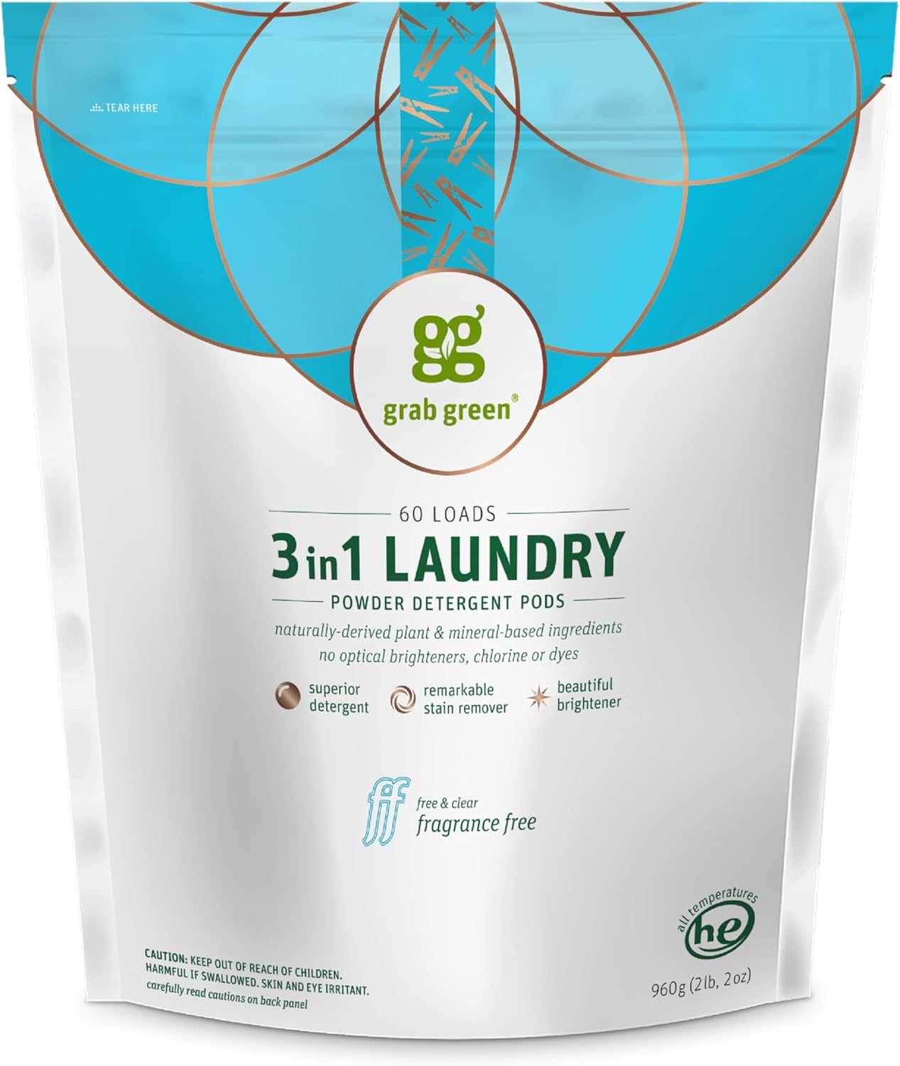 Grab Green 3-in-1 Laundry Detergent Pods, 60 Count, Fragrance Free, Plant and Mineral Based, Superior Cleaning Power, Stain Remover, Brightens Clothes