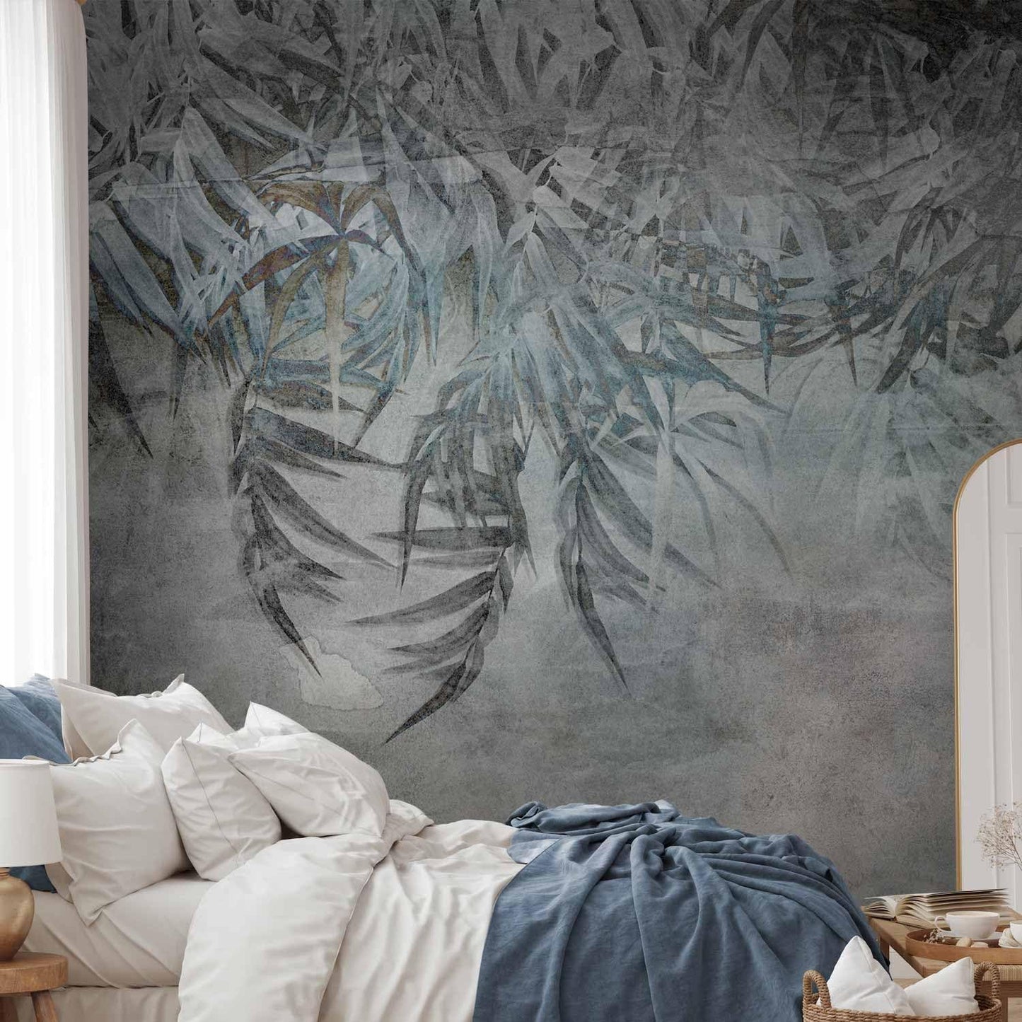 artgeist Wall Mural Leaves 135x101 in - XXL Peel and Stick Self-Adhesive Wallpaper Removable Large Sticker Foil Wall Decor Print Picture Image Design Palm Leaves Concrete Nature Grey b-C-10103-a-a