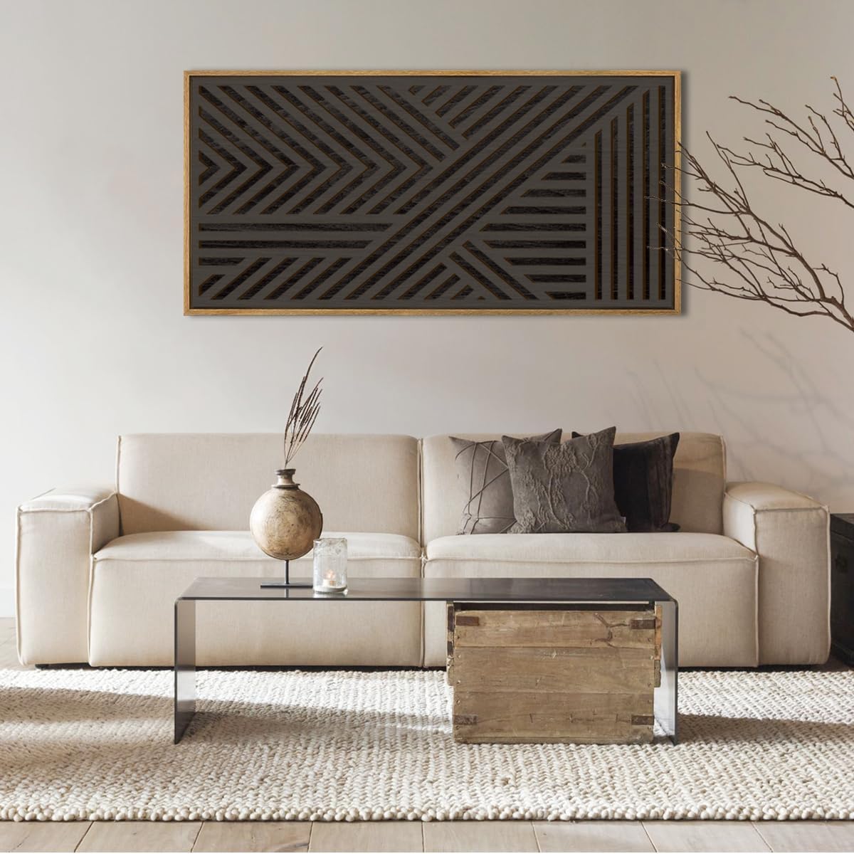 IARTTOP Large Black Framed Wood Wall Art for Living Room Abstract Modern Wooden Wall Decor Neutral Geometric Wall Sculpture Bedroom Office 20x40 Inch