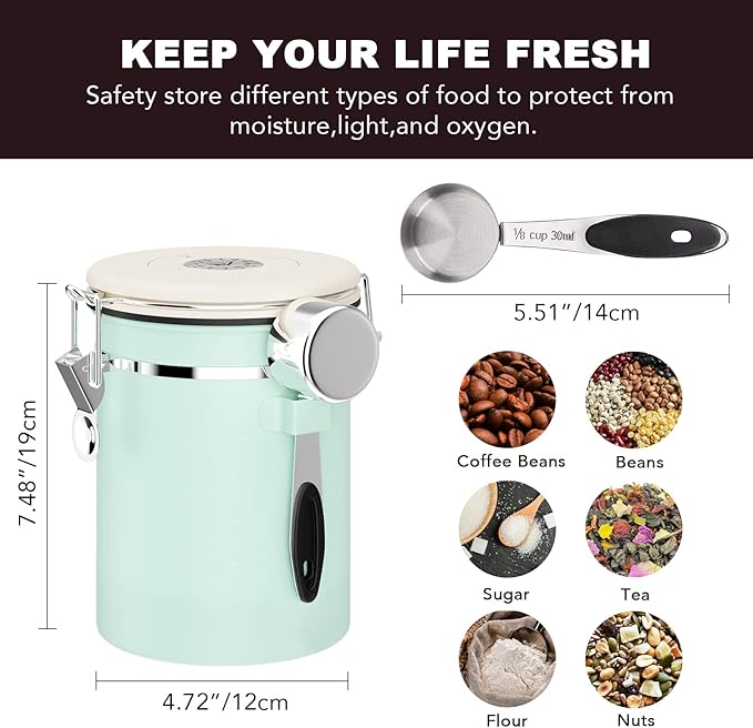 ShanSon Coffee Canister Airtight Coffee Container Stainless Steel Coffee Bean Storage Container with CO2 Release Valve and Scoop Coffee Canister for Beans,Grounds,Sugar,Flour,Tea,Cereal,22OZ,Green